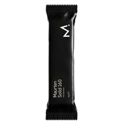 A single black Maurten Solid 140 energy bar wrapper, shown vertically against a solid white background.