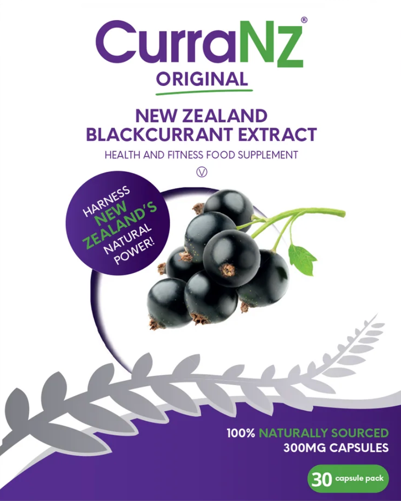 CurraNZ Original New Zealand Blackcurrant Extract supplement packaging, featuring a white background with purple and green branding, a blackcurrant illustration, and text indicating 30 capsule pack.