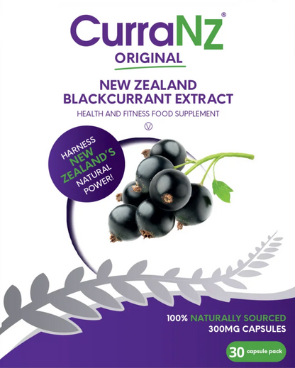 CurraNZ Original New Zealand Blackcurrant Extract supplement packaging, featuring a white background with purple and green branding, a blackcurrant illustration, and text indicating 30 capsule pack.