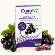 CurraNZ Original New Zealand Blackcurrant Extract supplement box shown with several dark blackcurrants and two pink capsules on a clean white background.