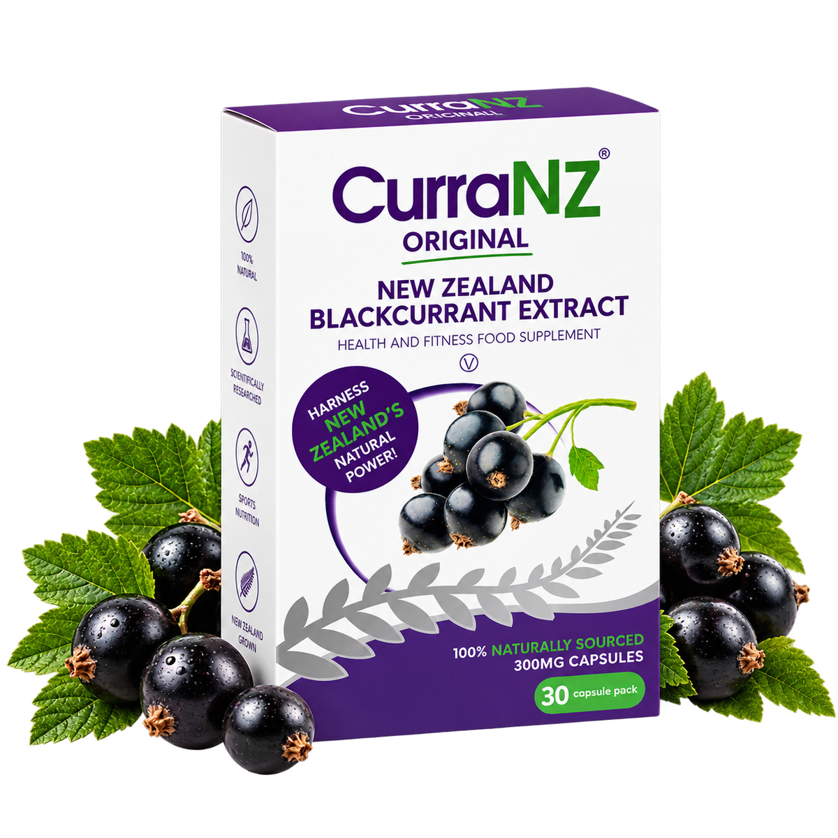 CurraNZ Original New Zealand Blackcurrant Extract supplement box shown upright on a white background, surrounded by blackcurrant berries and green leaves.