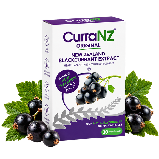 CurraNZ Original New Zealand Blackcurrant Extract supplement box shown upright on a white background, surrounded by blackcurrant berries and green leaves.