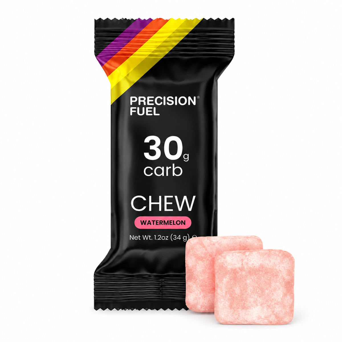 A black Precision Fuel Chew product pouch labeled '30g carb' and 'Watermelon,' shown with two pink chewable tablets in front on a white background.