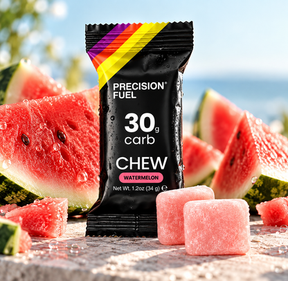 A black Precision Fuel Chew candy packet labeled '30g carb CHEW WATERMELON' stands in front of sliced watermelon and pink chewable candies on a stone surface with a blurred outdoor background.