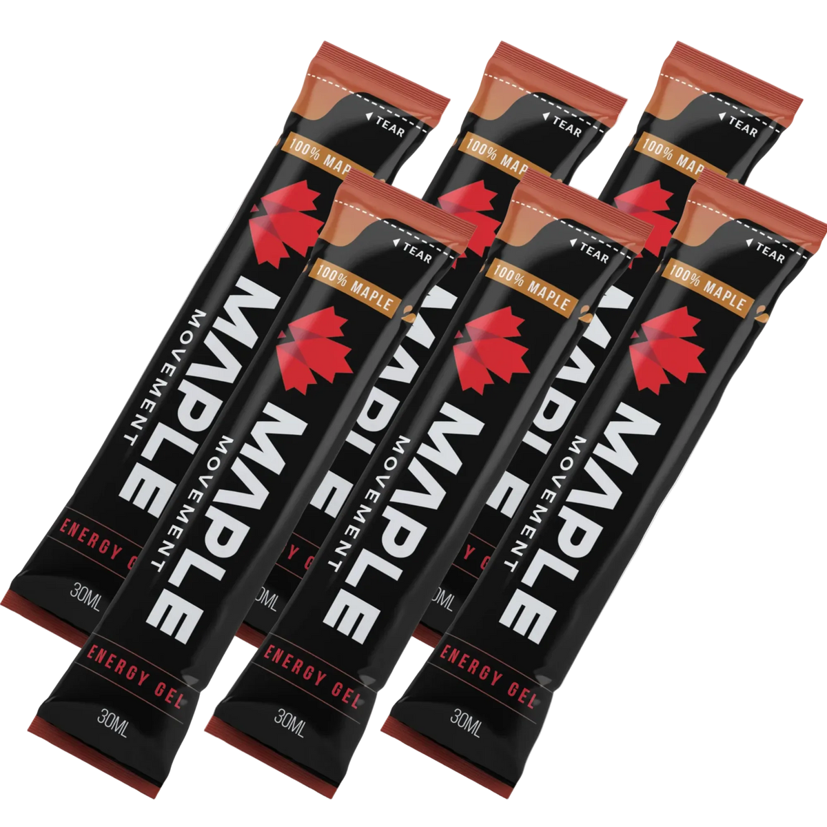 Six single-serve energy gel packets of the Maple Movement brand, arranged in a fan-like diagonal layout on a clean white background. The packets are primarily black with a bold red maple leaf logo, white text, and a brown band indicating '100% MAPLE'.