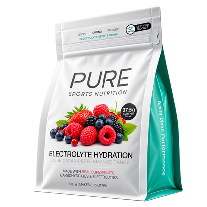 A 500g stand-up pouch of PURE Sports Nutrition Electrolyte Hydration drink mix, featuring a white and teal design with a graphic of fresh berries on the front.