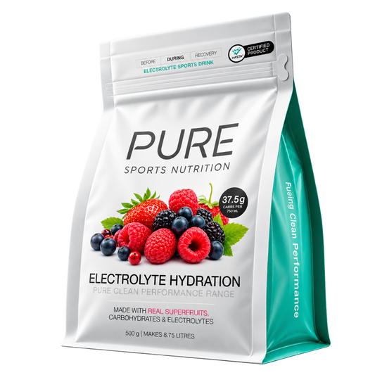 A 500g stand-up pouch of PURE Sports Nutrition Electrolyte Hydration drink mix, featuring a white and teal design with a graphic of fresh berries on the front.