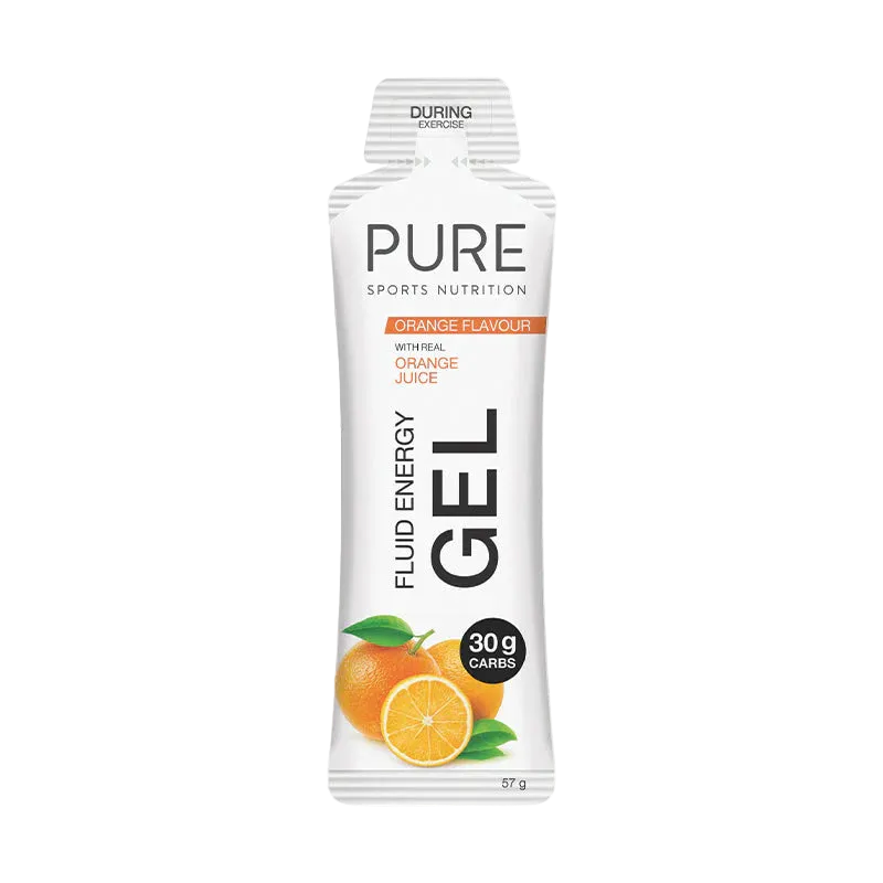 PURE Sports Nutrition fluid energy gel package with orange flavor on a white background