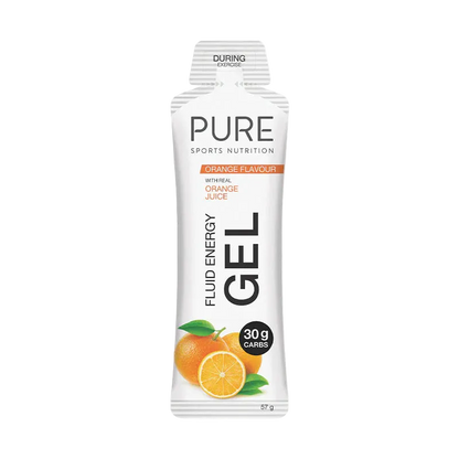 PURE Sports Nutrition fluid energy gel package with orange flavor on a white background