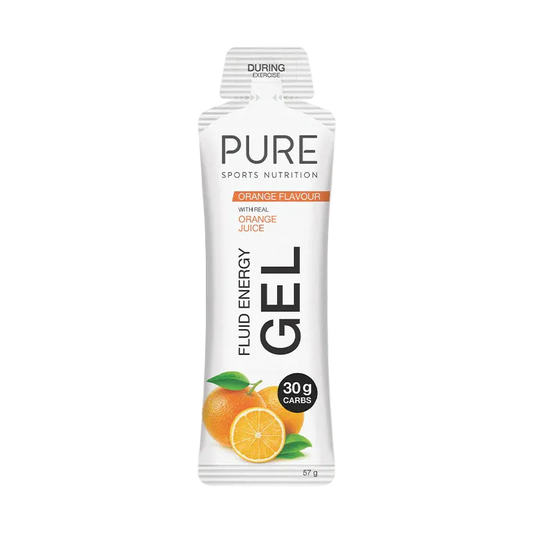 PURE Sports Nutrition fluid energy gel package with orange flavor on a white background