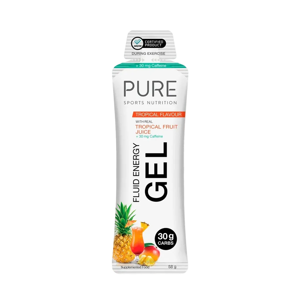 A 50 g pouch of PURE Sports Nutrition Fluid Energy Gel in Tropical Flavour, featuring a white package with black text, a green and teal cap, and illustrations of a pineapple, mango, and orange on the lower front.