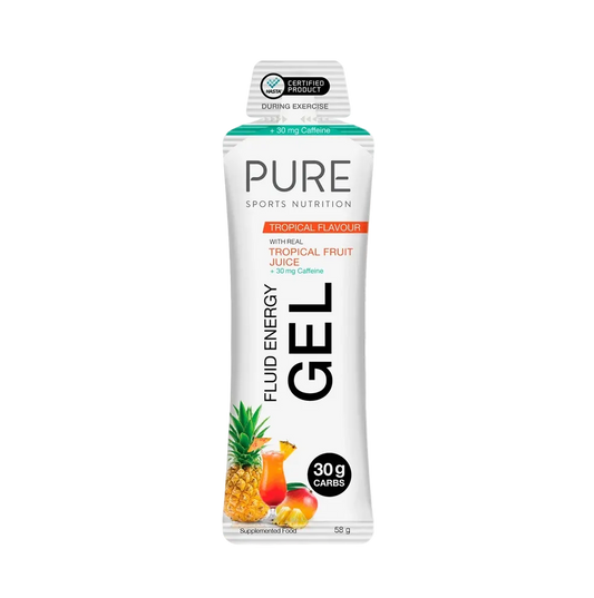 A 50 g pouch of PURE Sports Nutrition Fluid Energy Gel in Tropical Flavour, featuring a white package with black text, a green and teal cap, and illustrations of a pineapple, mango, and orange on the lower front.