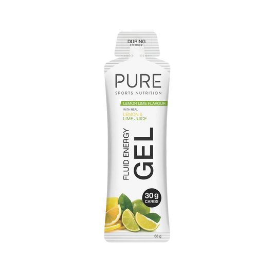 PURE Sports Nutrition Fluid Energy Gel packaging with lemon and lime illustration on a white background