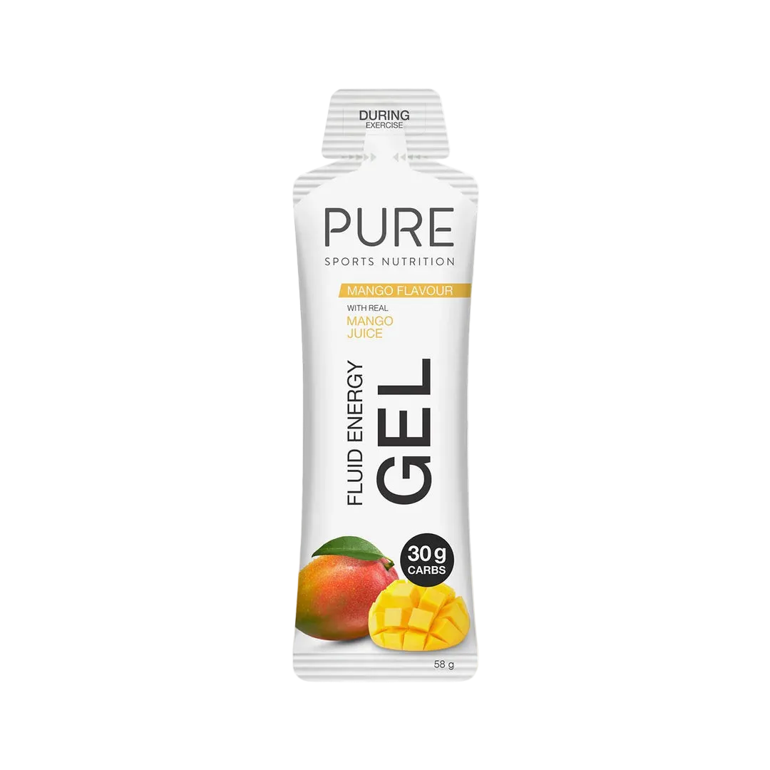 PURE Sports Nutrition Fluid Energy Gel packaging with mango flavor on a white background