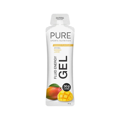 PURE Sports Nutrition Fluid Energy Gel packaging with mango flavor on a white background