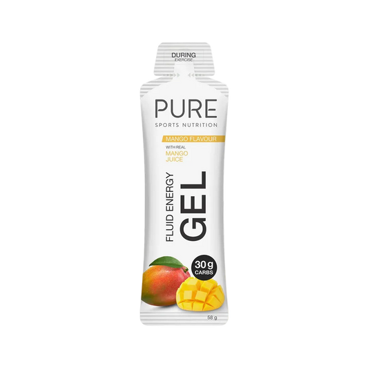 PURE Sports Nutrition Fluid Energy Gel packaging with mango flavor on a white background