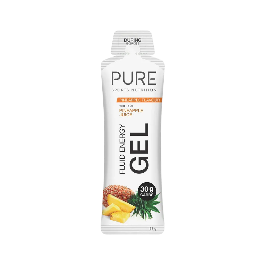 PURE Sports Nutrition Fluid Energy Gel packaging with pineapple flavor on a white background