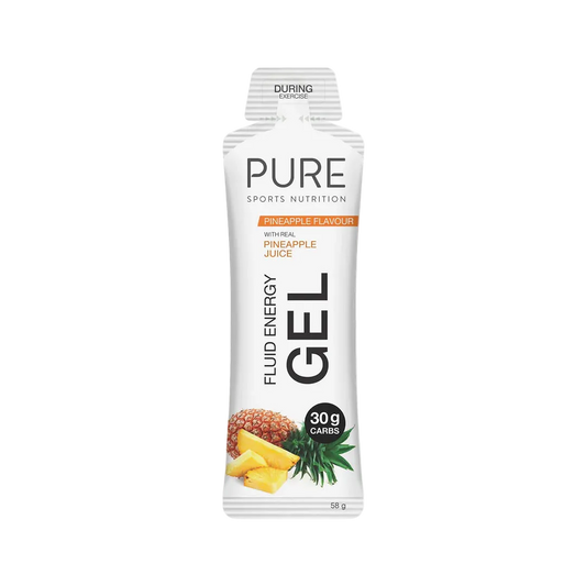 PURE Sports Nutrition Fluid Energy Gel packaging with pineapple flavor on a white background