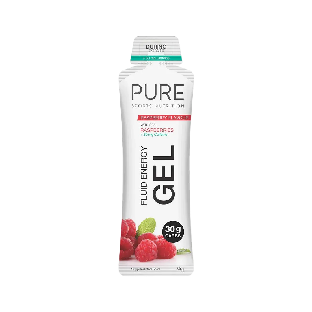 PURE Sports Nutrition Fluid Energy Gel packaging with raspberries on a white background