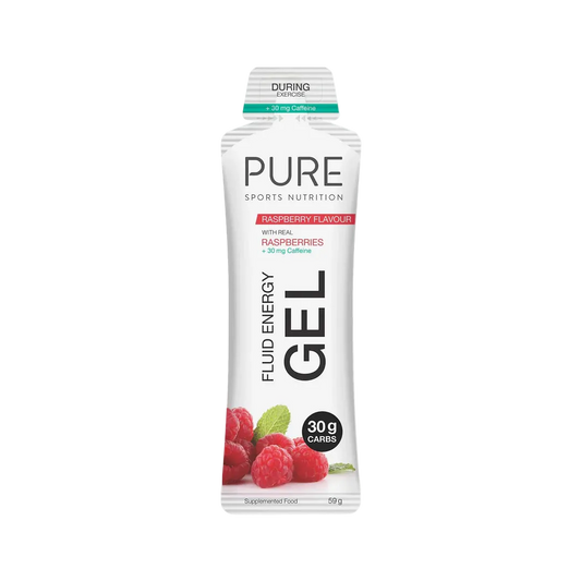PURE Sports Nutrition Fluid Energy Gel packaging with raspberries on a white background